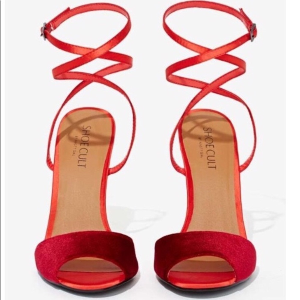NastyGal red velvet & satin wrap up heeled sandals